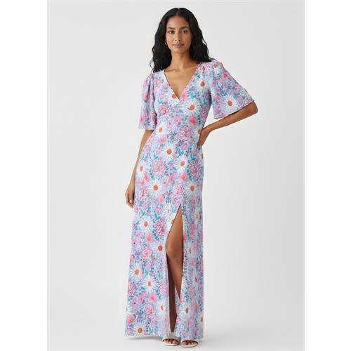 Curved V Neck Paneled Satin Printed Dress