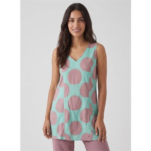 Curved V-neck Sleeveless Block-Printed Kurtha Top