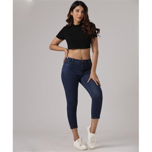 Dark Blue Calf Length Slit Jean