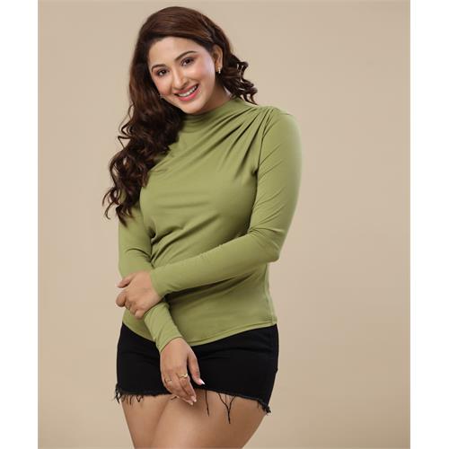 Detailed High Neck Long Sleeve Olive Top