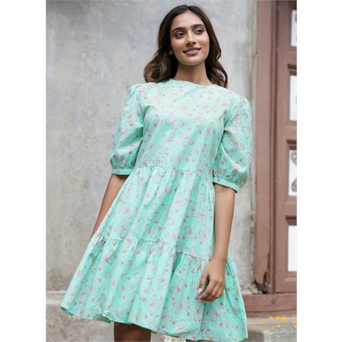 Diagonal Cut Block Green Printed Dress
