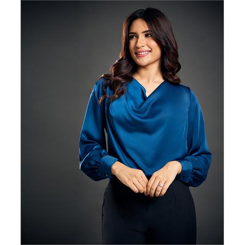 Draped Collar Lantern Sleeve Blue Blouse