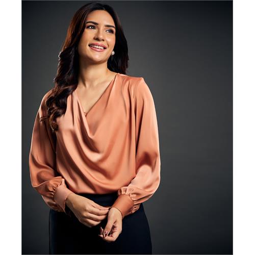 Draped Collar Lantern Sleeve Brown Blouse