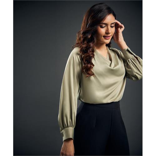 Draped Collar Lantern Sleeve Satin Blouse