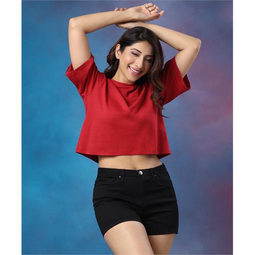 Drop Shoulder Solid Crop Red Tee