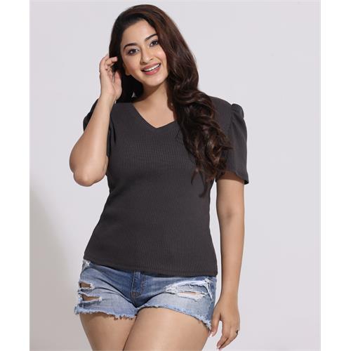 Elegant Short Puff Sleeve Gray T-Shirt