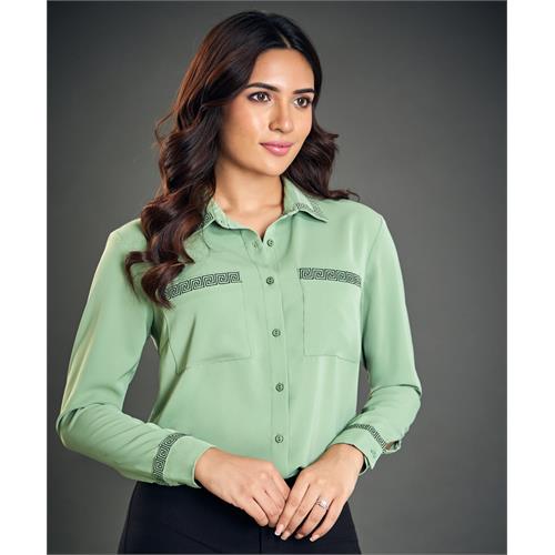 Embroidered Collar And Sleeve Green Top