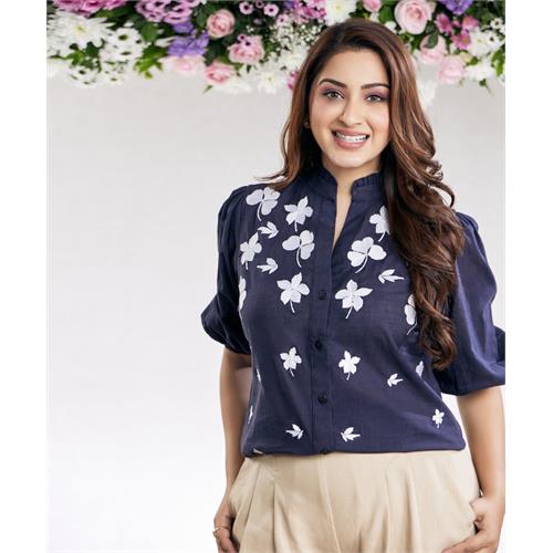 Embroidered Cotton Casual Blue Top