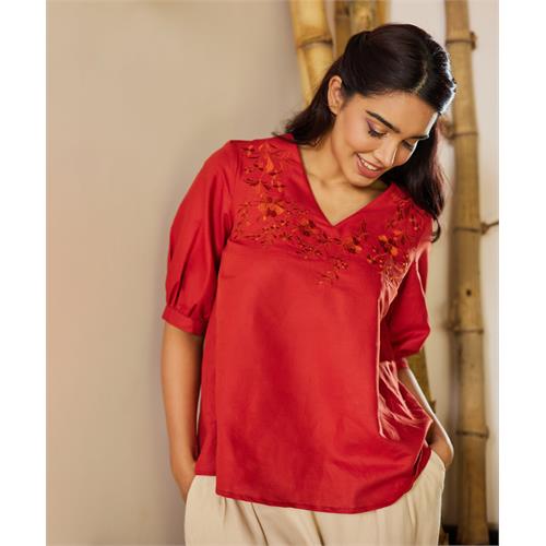 Embroidered Linen Vneck Half Kurtha Top