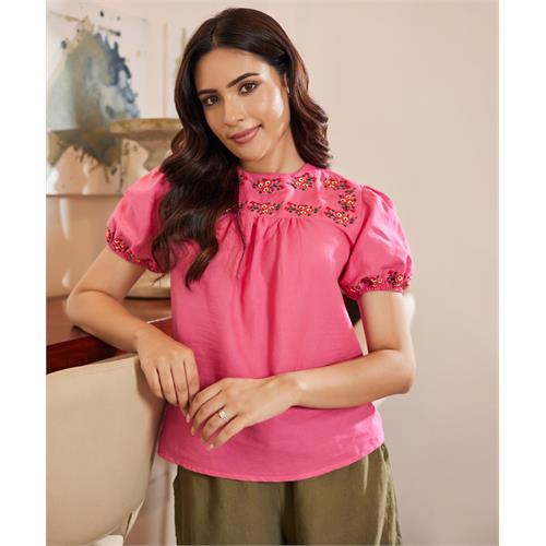 Embroidered Short Sleeve Linen Top