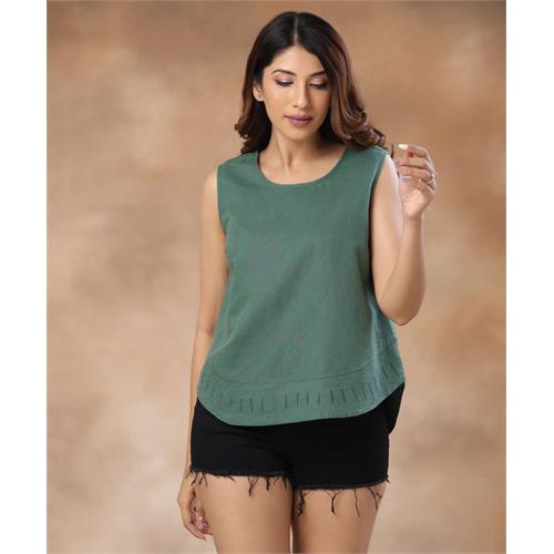 Embroidered Sleeveless Linen Green Top