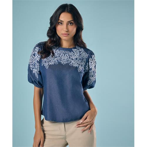 Embroidery And Cut Work Dark Blue Top