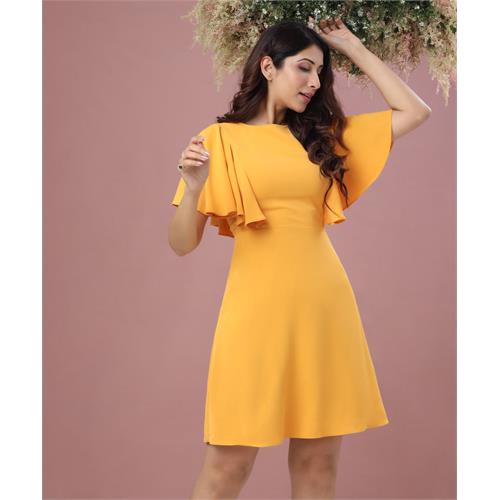 Flared Sleeve Shift Mustard Chiffon Dress