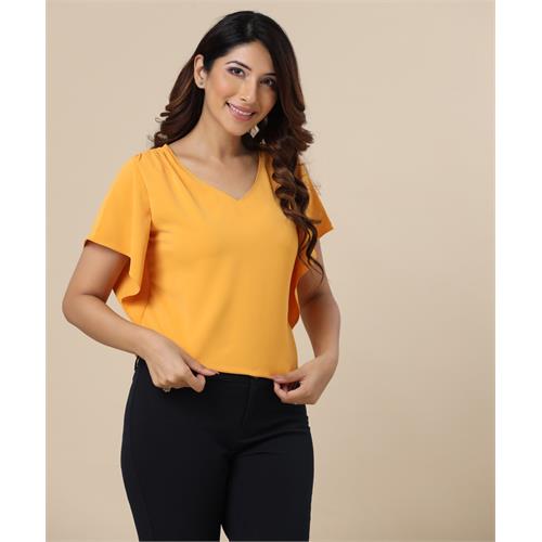 Flutter Sleeve Vneck Chiffon Mustard Top