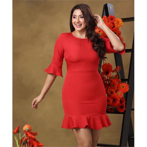 Frilled Half Sleeve Red Mini Dress