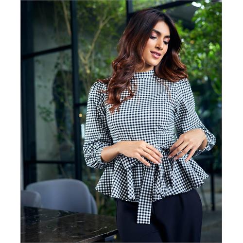 Gingham Waist Tie Peplum Top