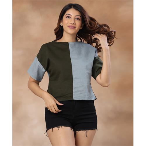 Green Blue Square Paneled Linen Top