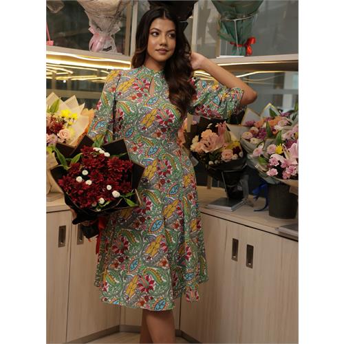 Green Floral Printed Long Sleeve Dress