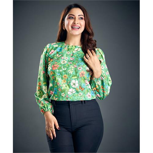 Green Floral Print Lantern Sleeve Blouse