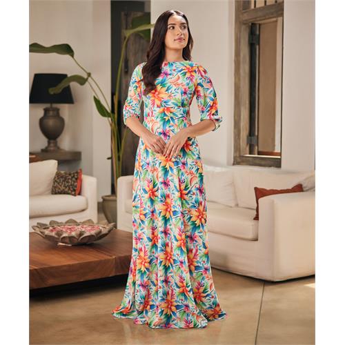 Half Puffed Sleeve Printed Maxi Dress