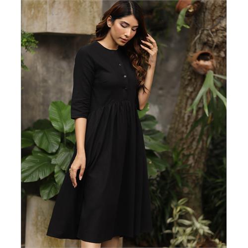 Half Shirt Buttoned Linen Black Dress