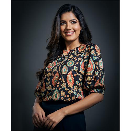 Half Sleeve Black Chiffon Round Neck Top