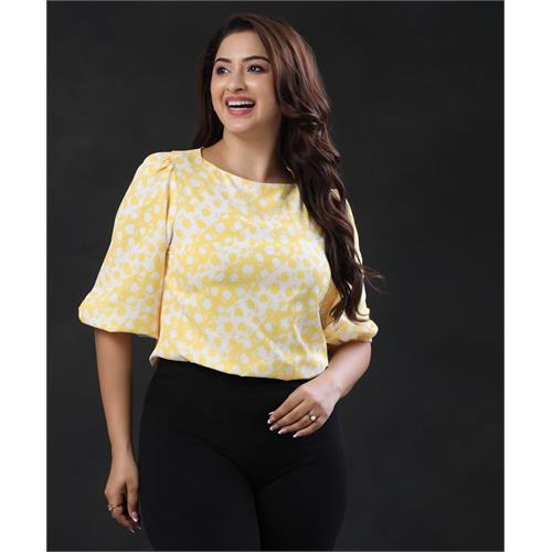 Half Sleeve Detailed Printed Yellow Top