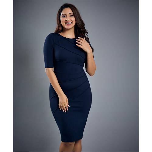 Half Sleeve Panel Bodycon Blue Dress