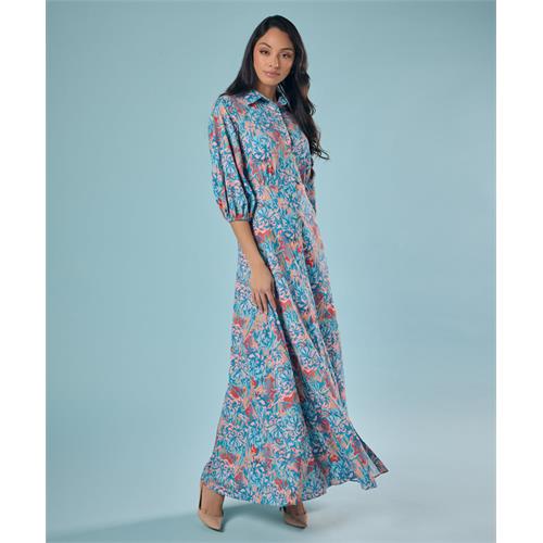 Half Sleeve Printed Chiffon Maxi Shirt Dress