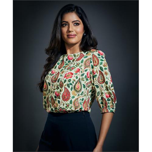 Half Sleeve Printed Chiffon Round Neck Top