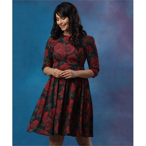 Half Sleeve Printed Gathered Red Dress