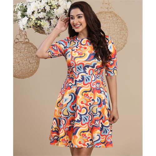 Half Sleeve Printed Mini Scuba Dress