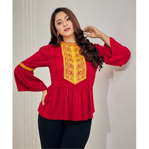 Heavy Embroidery Flouncy Sleeve Cotton Top