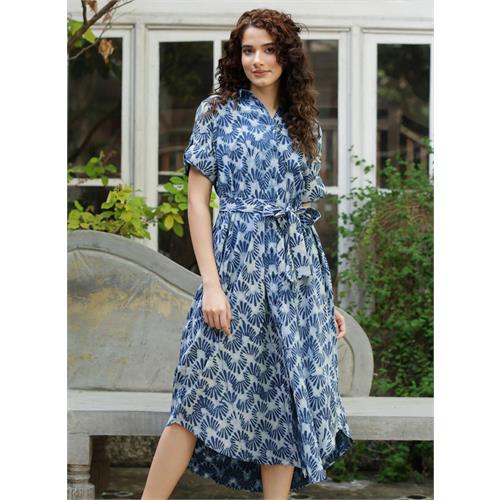 Hem Asymmetrical Blue Block Printed Dress