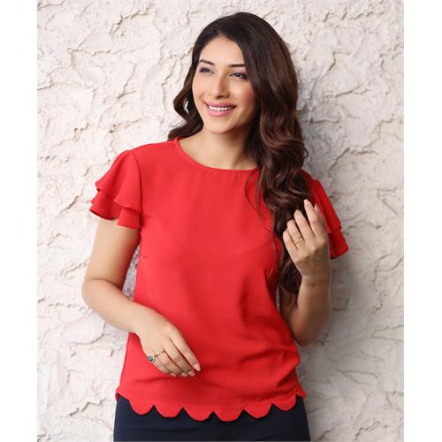 Hem Scalloped Sleeve Flared Red Top