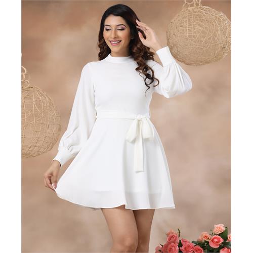 High Neck Belted Skater White Dress