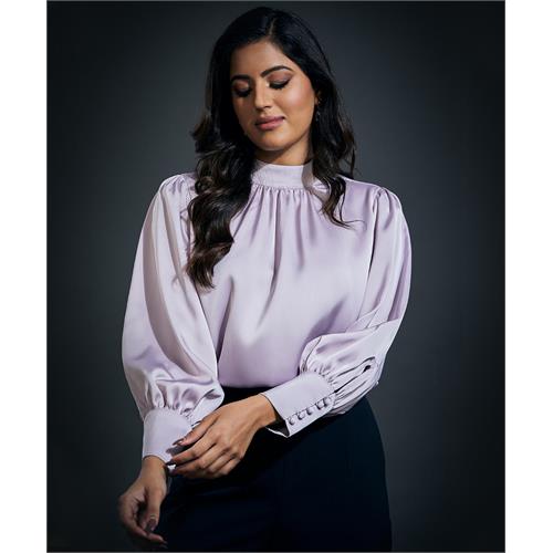 High Neck Long Sleeve Button Detailed Satin Top-Light Purple