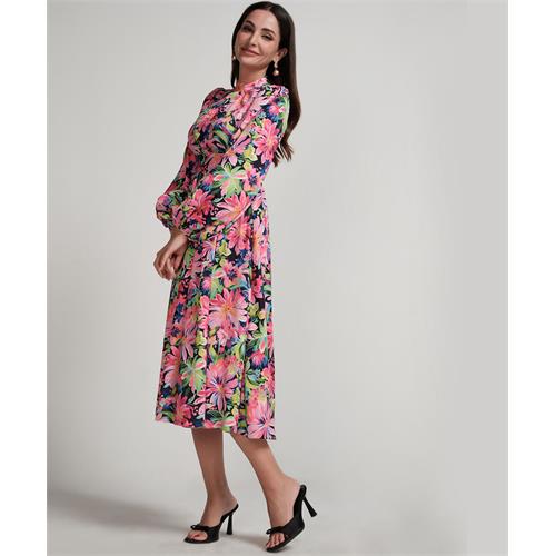 High Neck Printed Lantern Sleeve Midi Dress