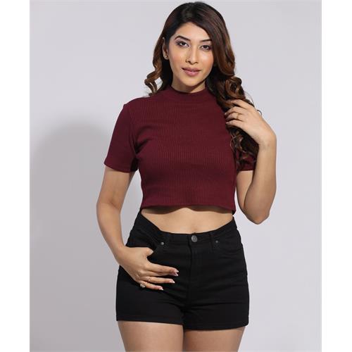 High Neck Rib Maroon Crop Tee