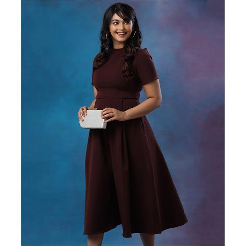 High Neck Short Sleeve Maroon Dress