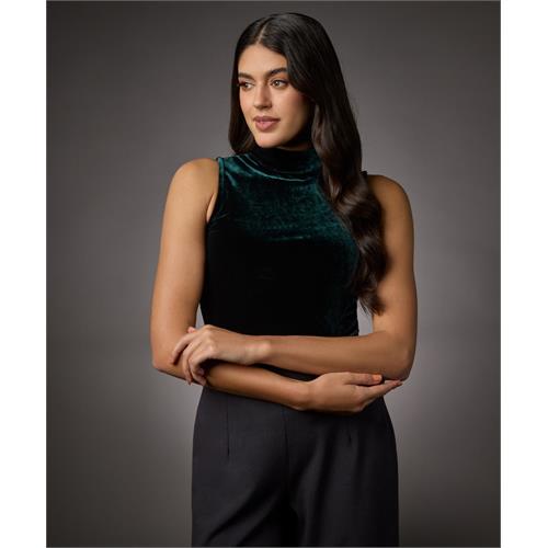 High Neck Sleeveless Velvet Top-Dark Green