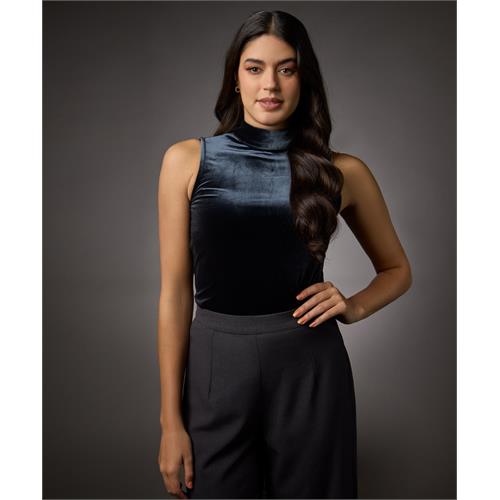 High Neck Sleeveless Velvet Top- Grey