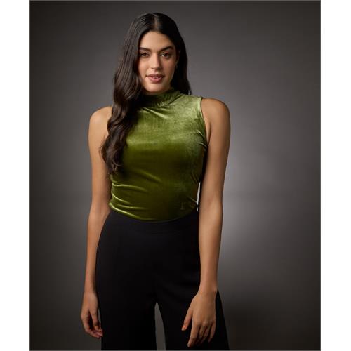 High Neck Sleeveless Velvet Top- Moss Green