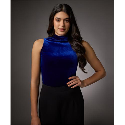 High Neck Sleeveless Velvet Top- Royal Blue