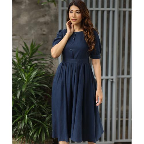 High-Square Neck Midi Linen Blue Dress