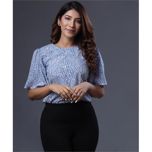 Keyhole Back Flutter Sleeve Blue Top