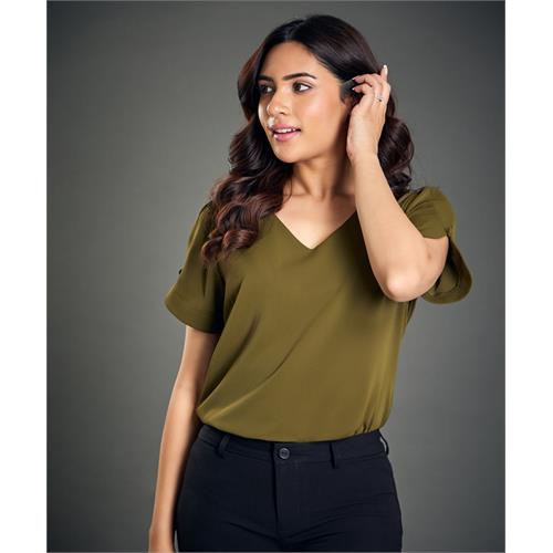 Khaki Chiffon Top With A Button