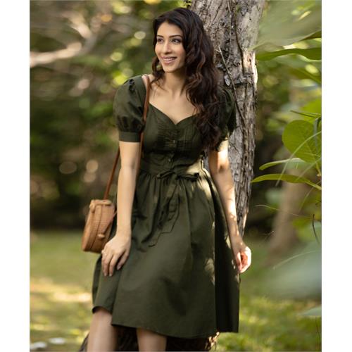 Khaki Pintuck Sweetheart Neck Linen Dress