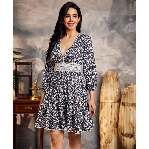 Lantern Sleeve Lace Trim Floral Dress