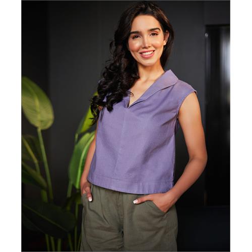 Lapel Vneck Linen Solid Top